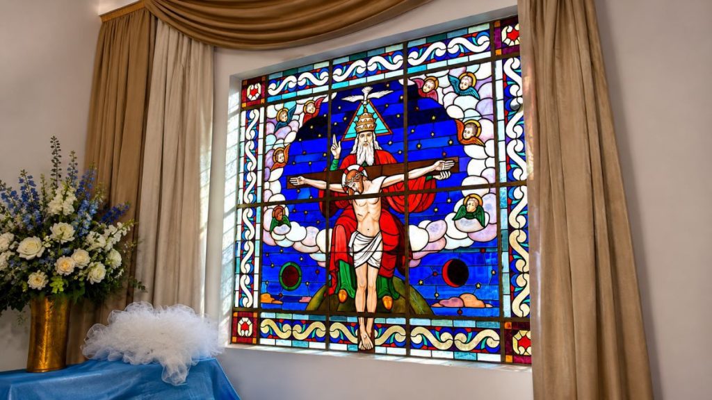 Vitral colorido representando Deus Pai segurando a cruz de Jesus Cristo sob a pomba do Espírito Santo entre anjos.