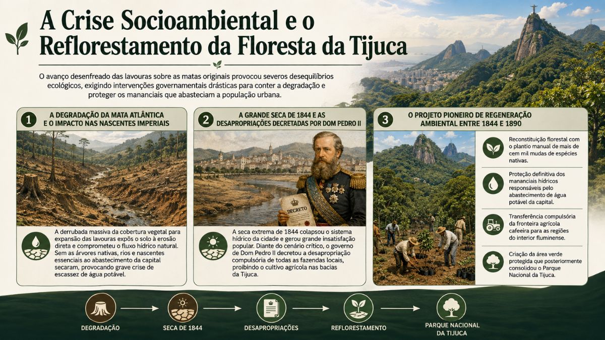 Infográfico sobre a crise socioambiental do café mostrando o desmatamento da Mata Atlântica, Dom Pedro II decretando desapropriações na seca de 1844 e o reflorestamento da Tijuca.