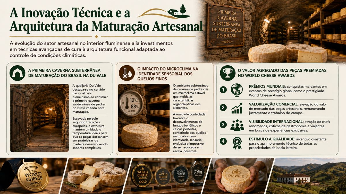 Infográfico sobre a inovação técnica e maturação de queijos na Rota do Queijo no Vale do Café mostrando a primeira caverna subterrânea do Brasil na Du'Vale, medidor de microclima e troféus do World Cheese Awards.