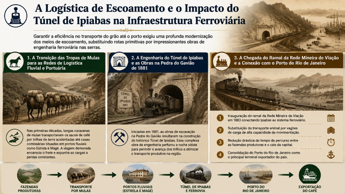 Infográfico sobre a logística do café no Rio de Janeiro mostrando tropas de mulas, a construção do Túnel de Ipiabas em 1881 e a ferrovia para exportação.