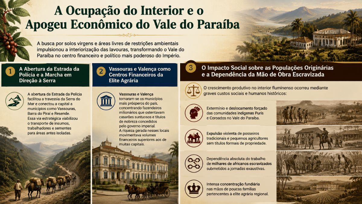 Infográfico sobre a ocupação do interior e o apogeu do café no Vale do Paraíba mostrando a Estrada da Polícia, os casarões de Vassouras e Valença e os impactos sociais históricos.
