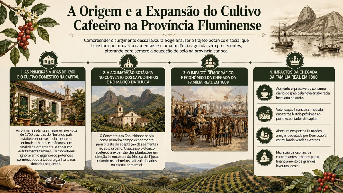 Infográfico sobre a história do ciclo do café no Rio de Janeiro detalhando a chegada das mudas em 1760, a aclimatação no Convento dos Capuchinhos, na Tijuca e o impacto da Família Real em 1808.