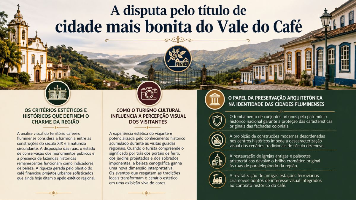 Infográfico sobre a disputa da cidade mais bonita do Vale do Café com fotos de igrejas coloniais, ruas de paralelepípedo e casarões históricos.
