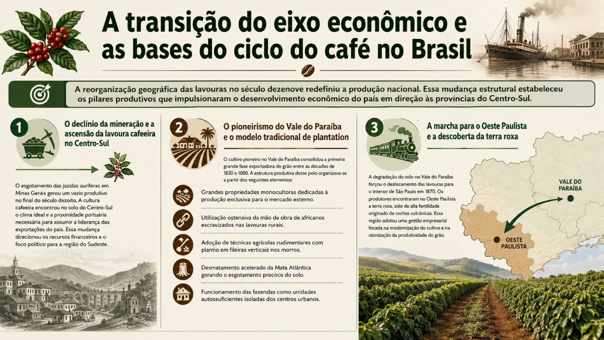 Infográfico explicativo sobre a transição do eixo econômico e as bases do ciclo do café no Brasil, destacando o declínio da mineração, o pioneirismo do Vale do Paraíba e a expansão agrícola rumo ao Oeste Paulista.