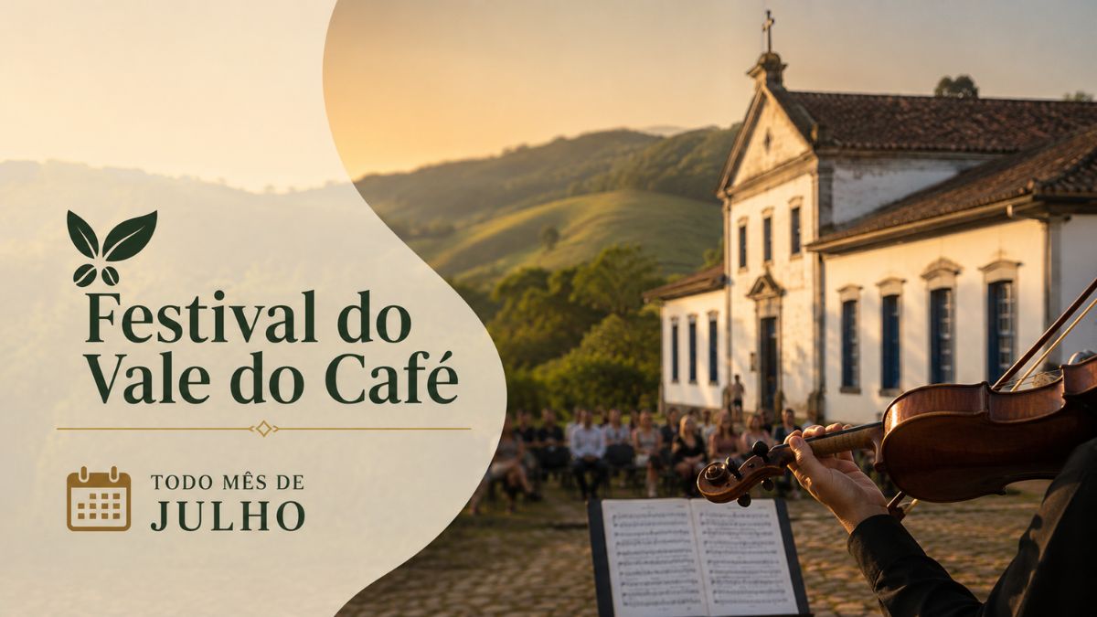 Violonista tocando em concerto ao ar livre na praça de uma igreja secular durante o Festival do Vale do Café no mês de julho.