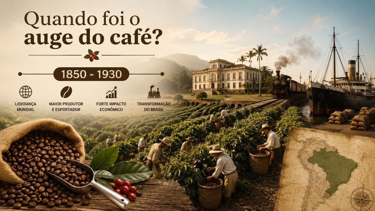 Uma imagem infográfica histórica detalhada intitulada "Quando foi o auge do café?", com as datas "1850 a 1930". A ilustração mostra trabalhadores colhendo grãos em uma plantação em primeiro plano, uma grande casa de fazenda, uma locomotiva a vapor e um navio de exportação ao fundo, além de um mapa do Brasil. Ícones ilustram liderança mundial, maior produtor e exportador, forte impacto econômico e transformação do Brasil.