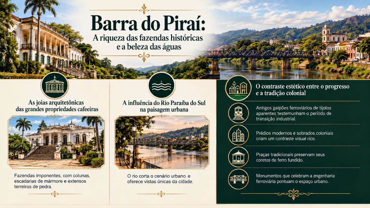 Infográfico sobre Barra do Piraí com foto de casarão histórico de fazenda de café e ponte sobre o Rio Paraíba do Sul.
