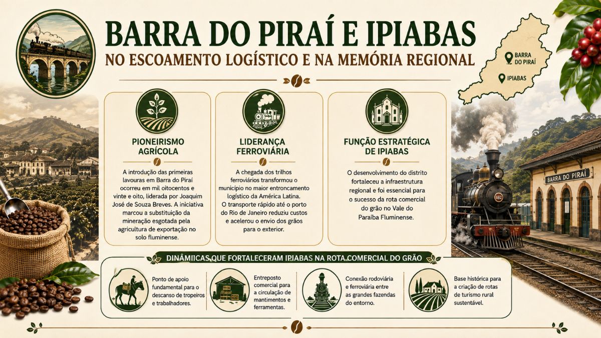 Infográfico sobre Barra do Piraí e Ipiabas no escoamento logístico e na memória regional do café, destacando o pioneirismo agrícola de 1828, a liderança ferroviária com entroncamento até o porto e o papel estratégico de Ipiabas como entreposto comercial e rota de turismo rural.
