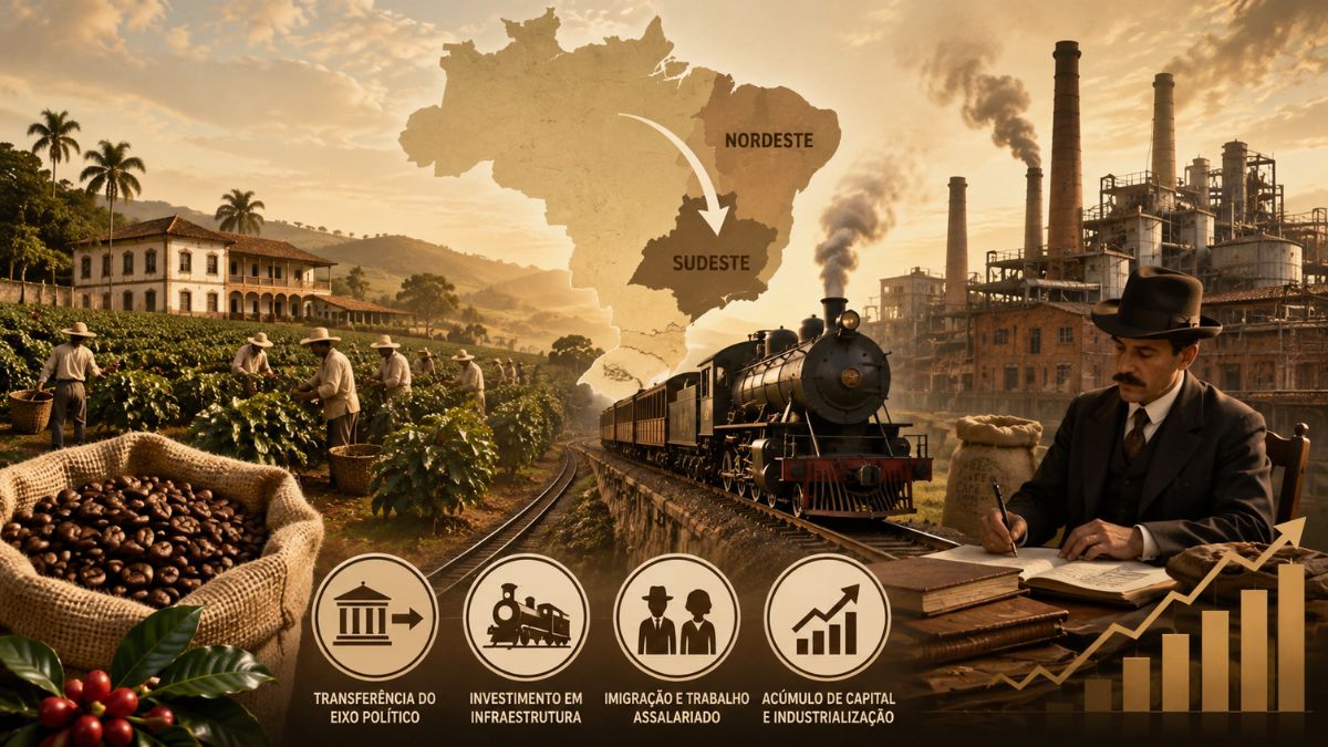 Ilustração histórica sobre como o ciclo do café transformou a economia e a sociedade brasileira, mostrando o cultivo do grão, a transferência do eixo do Nordeste para o Sudeste, a expansão ferroviária e o surgimento das indústrias.