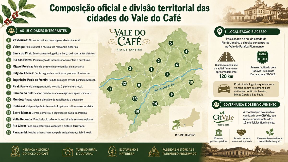Infográfico com o mapa detalhado da divisão territorial das 15 cidades do Vale do Café no estado do Rio de Janeiro e informações sobre acesso rodoviário.