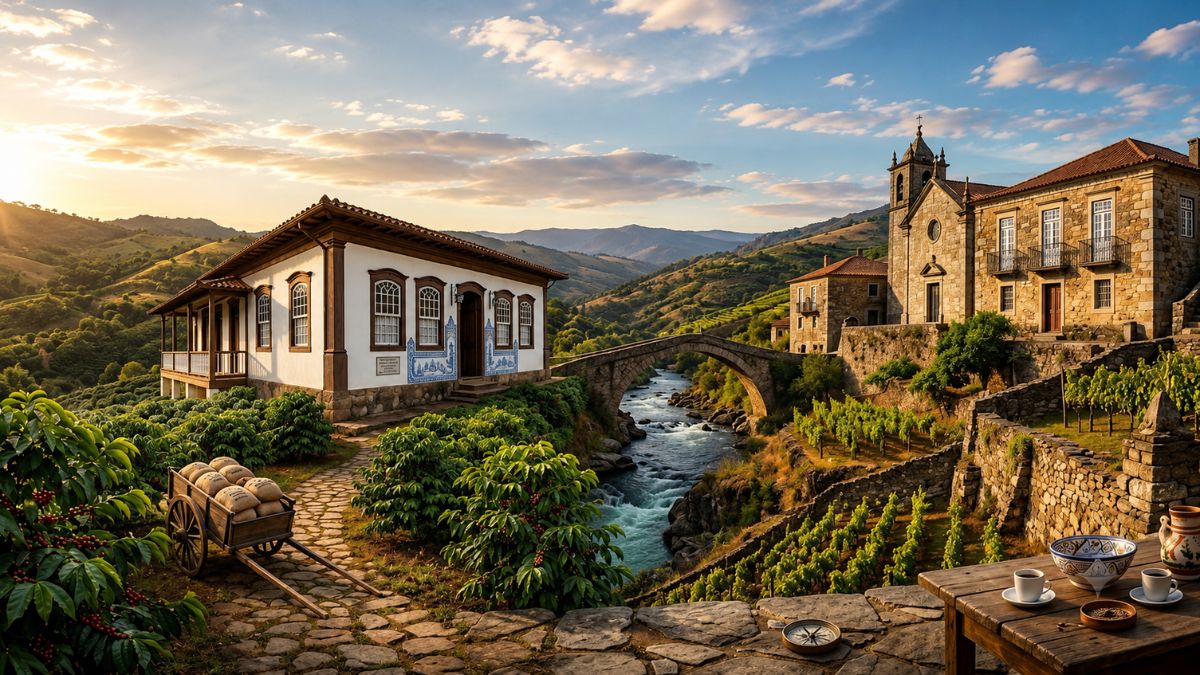 Paisagem artística que ilustra a conexão histórica entre o Vale do Café em Ipiabas e as vilas tradicionais de Portugal com plantações de café e arquitetura colonial luso-brasileira.