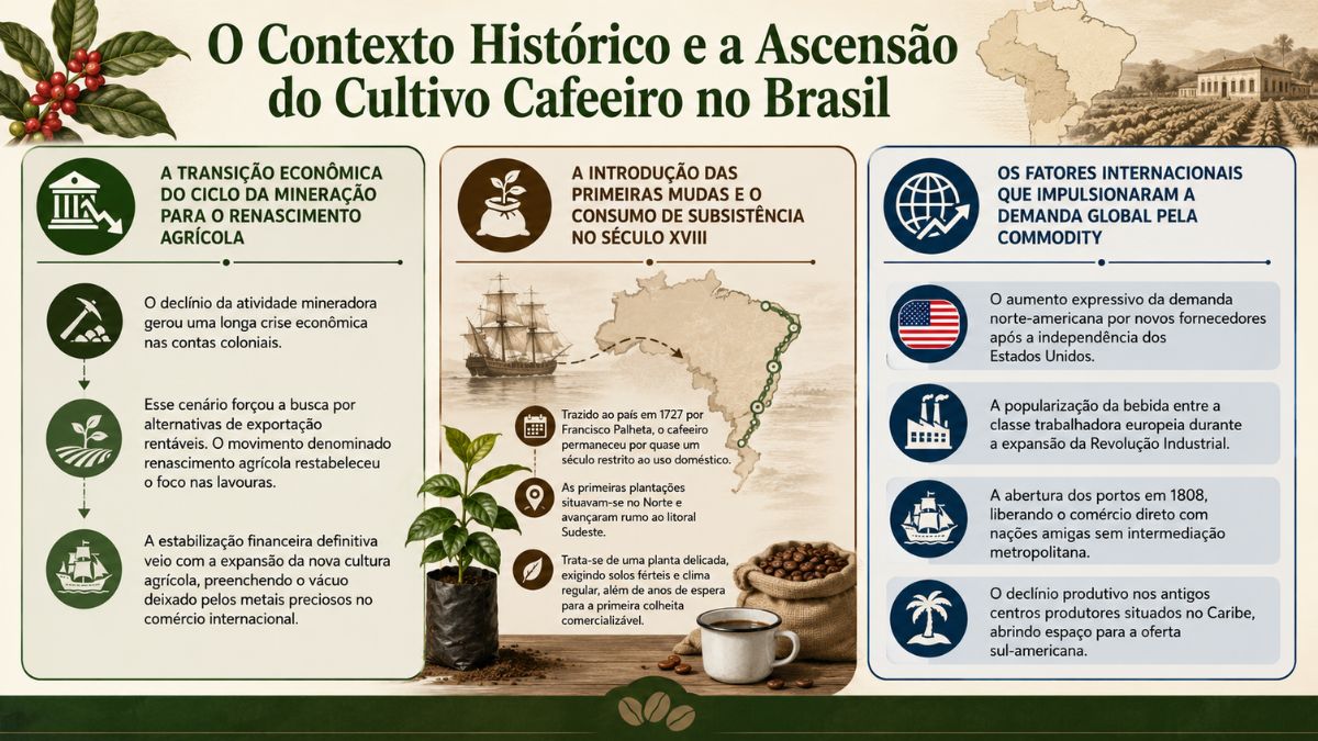 Infográfico explicativo sobre o contexto histórico e a ascensão do cultivo cafeeiro no Brasil. A imagem possui três colunas organizadas: a primeira trata da transição econômica da mineração para o renascimento agrícola, a segunda aborda a introdução das primeiras mudas por Francisco Palheta em 1727 e o consumo no século XVIII com um mapa do Brasil, e a terceira detalha os fatores internacionais que impulsionaram a demanda global pela commodity cafeeira.