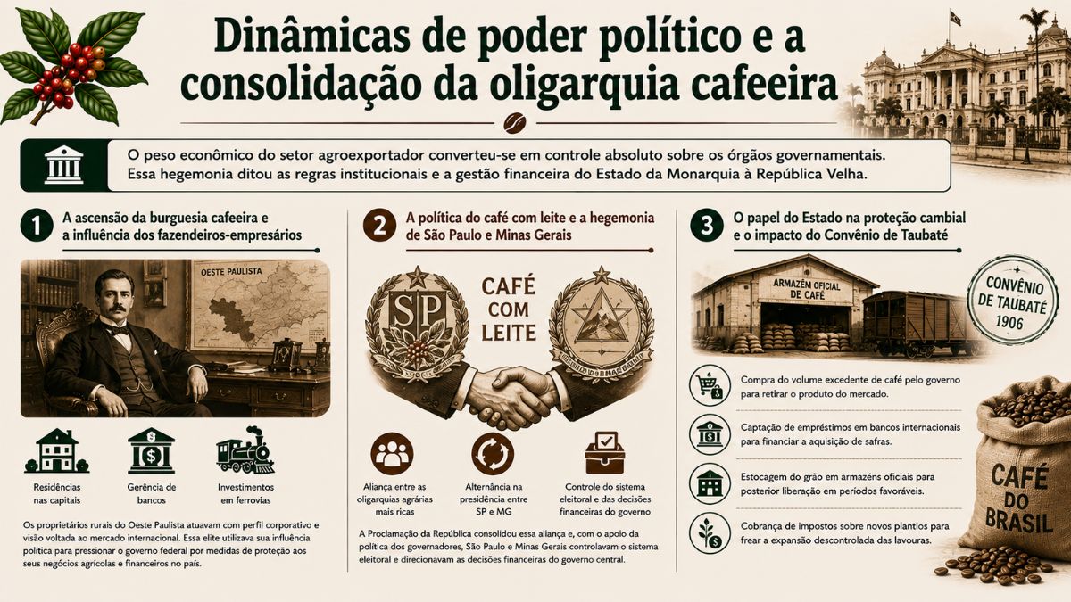 Infográfico sobre as dinâmicas de poder político e a consolidação da oligarquia cafeeira no Brasil, destacando a ascensão dos fazendeiros-empresários, a política do café com leite e o Convênio de Taubaté.
