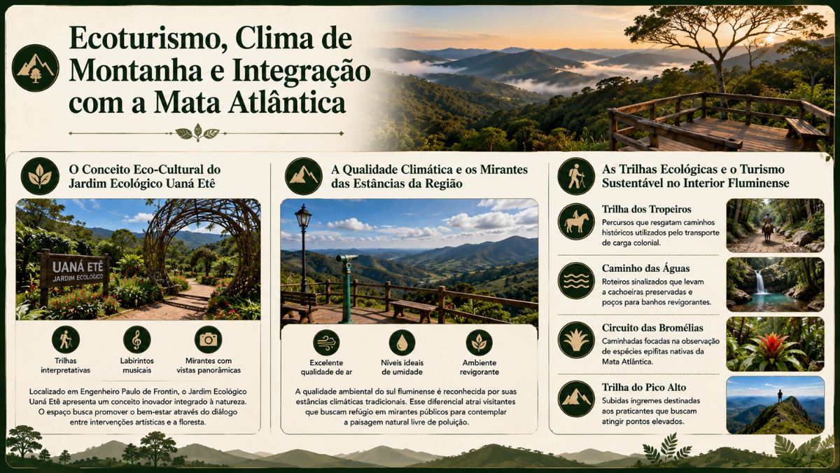 Infográfico sobre ecoturismo clima de montanha e integração com a Mata Atlântica destacando o conceito eco cultural do Jardim Ecológico Uaná Etê em Engenheiro Paulo de Frontin a qualidade climática das estâncias com mirantes e as trilhas ecológicas para turismo sustentável no interior fluminense.