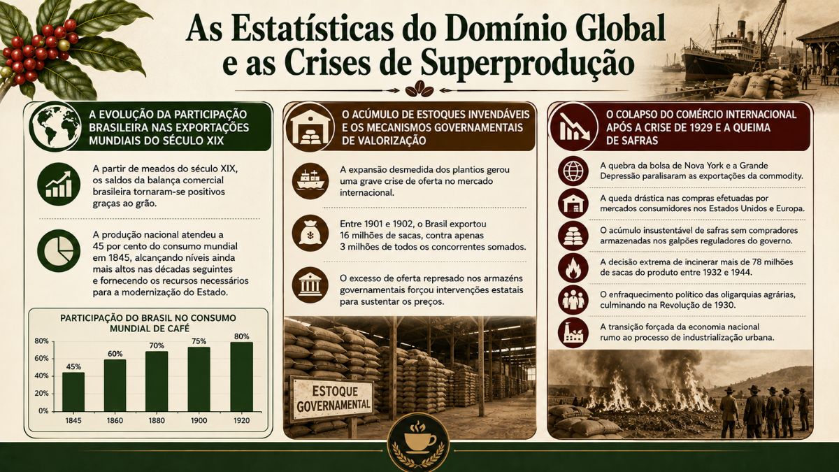 Infográfico histórico sobre as estatísticas do domínio global do café brasileiro e as crises de superprodução. A imagem divide-se em três colunas explicativas: a primeira aborda a evolução da participação brasileira nas exportações do século XIX com gráfico de barras mostrando o crescimento até atingir 80 por cento do consumo mundial em 1920, a segunda detalha o acúmulo de estoques invendáveis e intervenções governamentais acompanhada de foto de um galpão de estoque governamental cheio de sacas, e a terceira explica o colapso do comércio internacional após a Crise de 1929 e a queima de safras com foto de grandes fogueiras incinerando café.