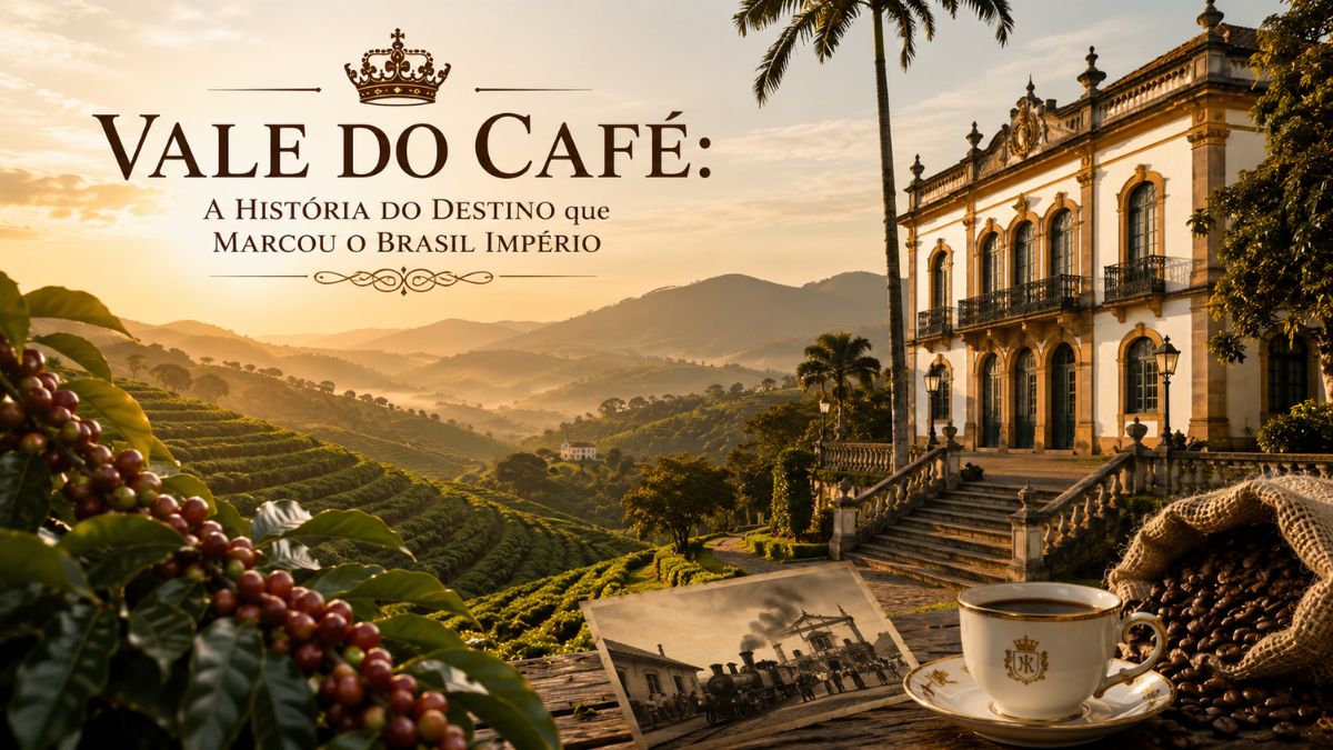 Fazenda histórica com arquitetura neoclássica no Vale do Café em meio a colinas verdejantes, lavouras de café, xícara de café e fotografia antiga de Maria Fumaça.