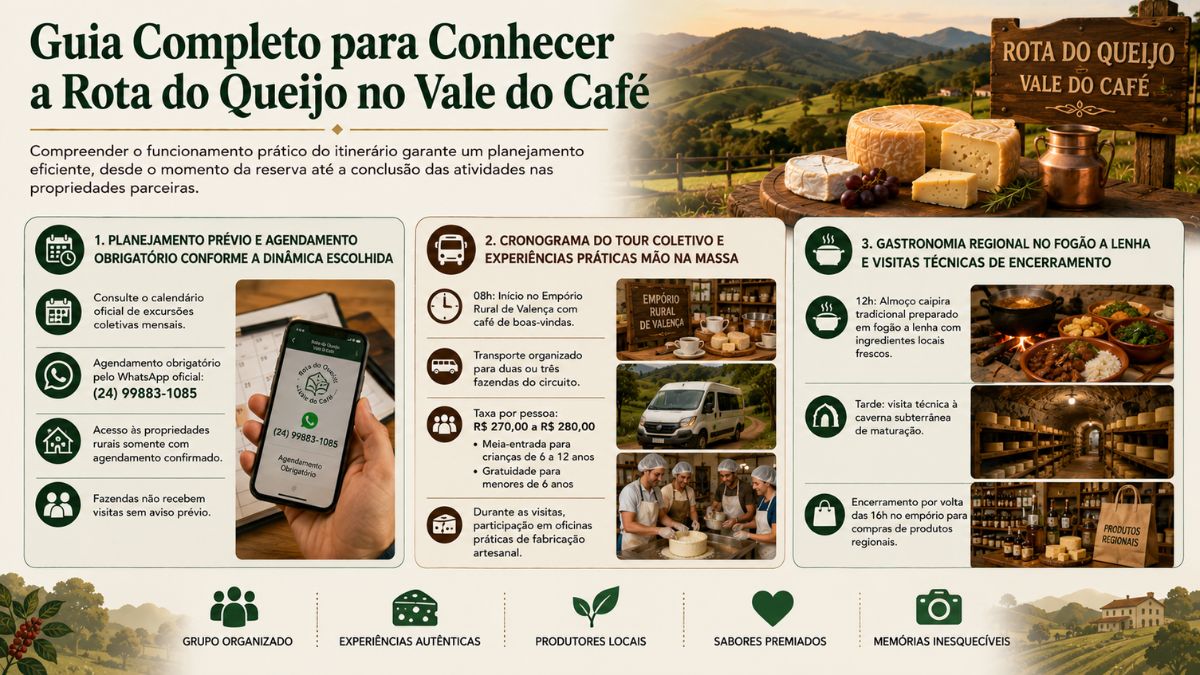 Infográfico com o guia completo para conhecer a Rota do Queijo no Vale do Café mostrando o planejamento, agendamento via celular, cronograma do tour coletivo, almoço no fogão a lenha e visita à caverna subterrânea.