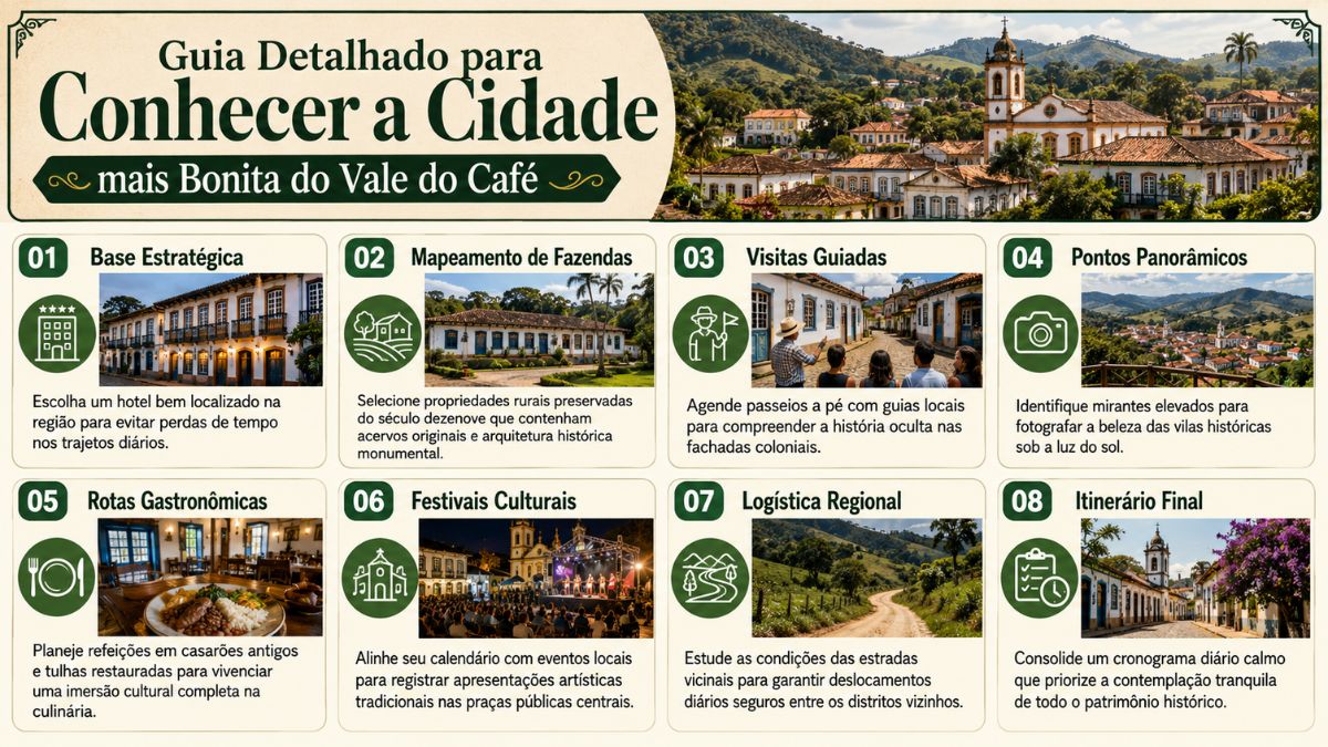 Infográfico retangular sobre fundo claro contendo um cabeçalho com uma imagem panorâmica de uma cidade histórica colonial cercada por montanhas verdes. Abaixo do topo há oito blocos numerados dispostos em duas linhas horizontais contendo ícones verdes e textos explicativos em formato de passo a passo. Cada seção traz fotos pequenas ilustrando hotéis antigos, fazendas históricas, passeios guiados, mirantes naturais, pratos da culinária local, festivais musicais noturnos, estradas rurais de terra e ruas coloniais de paralelepípedo.