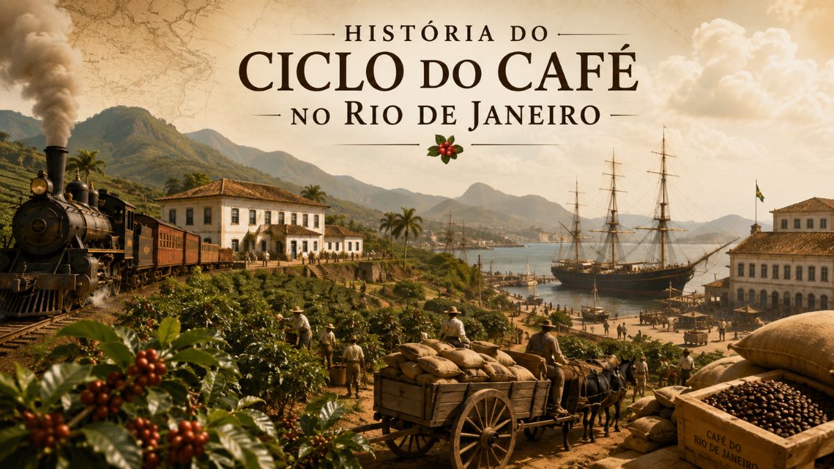 Ilustração histórica sobre a história do ciclo do café no Rio de Janeiro mostrando lavoura de café, locomotiva a vapor, carroça de tração animal, casarão colonial e navios de carga no porto de exportação fluminense.