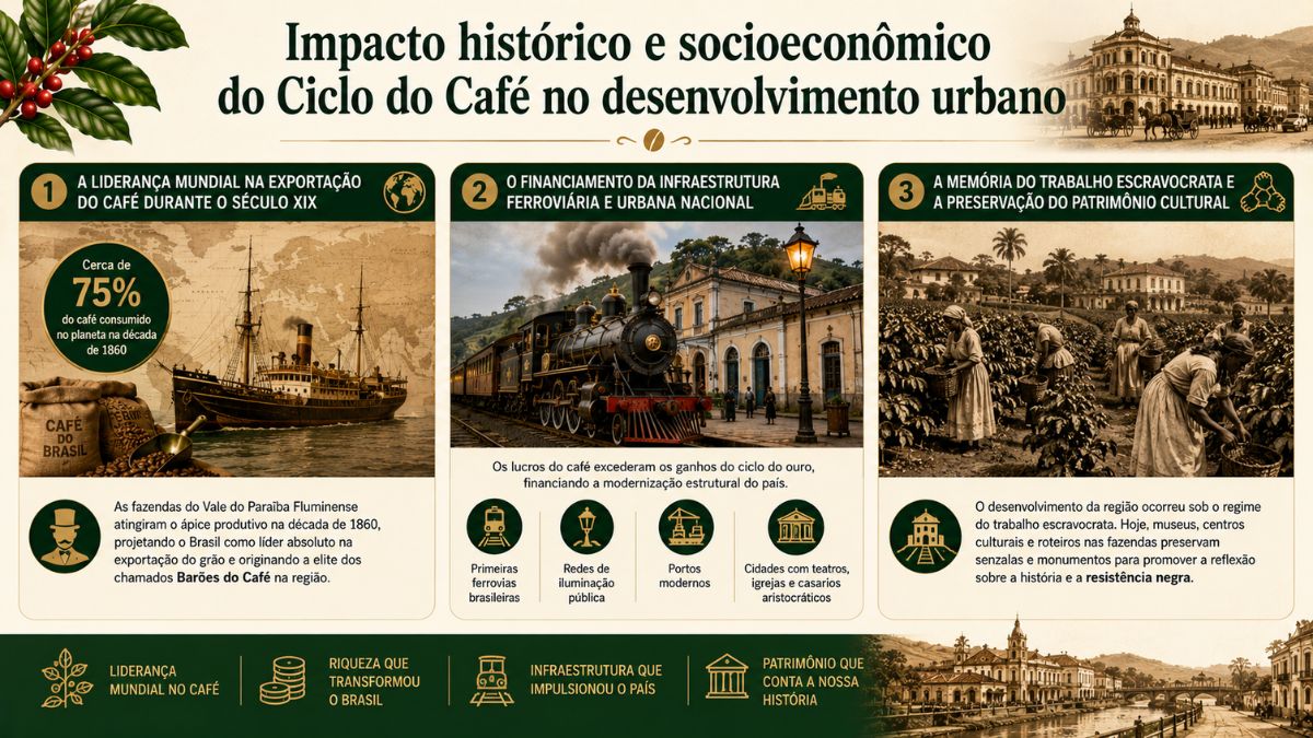 Infográfico sobre o impacto do Ciclo do Café destacando a liderança mundial na exportação, o financiamento de ferrovias e a memória do trabalho escravocrata.