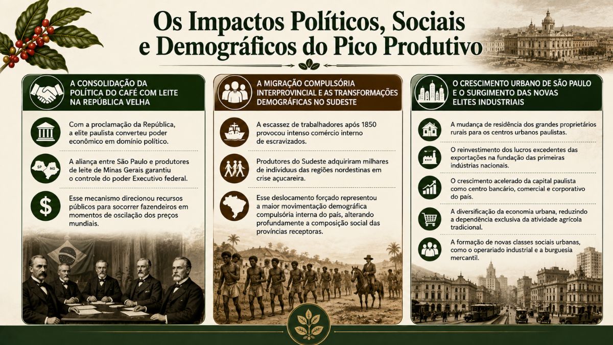 Infográfico histórico detalhando os impactos políticos, sociais e demográficos do pico produtivo do café no Brasil. A imagem é organizada em três colunas explicativas: a primeira trata da consolidação da Política do Café com Leite na República Velha com foto de líderes políticos, a segunda aborda a migração compulsória interprovincial de escravizados e transformações demográficas no Sudeste com ilustração de época, e a terceira detalha o crescimento urbano de São Paulo e o surgimento das novas elites industriais com foto histórica da cidade.
