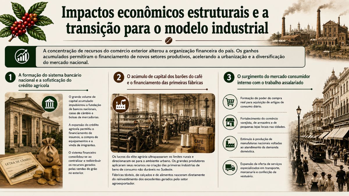 Infográfico sobre impactos econômicos estruturais e a transição para o modelo industrial no Brasil, destacando a formação do sistema bancário, o financiamento das primeiras fábricas e o trabalho assalariado.