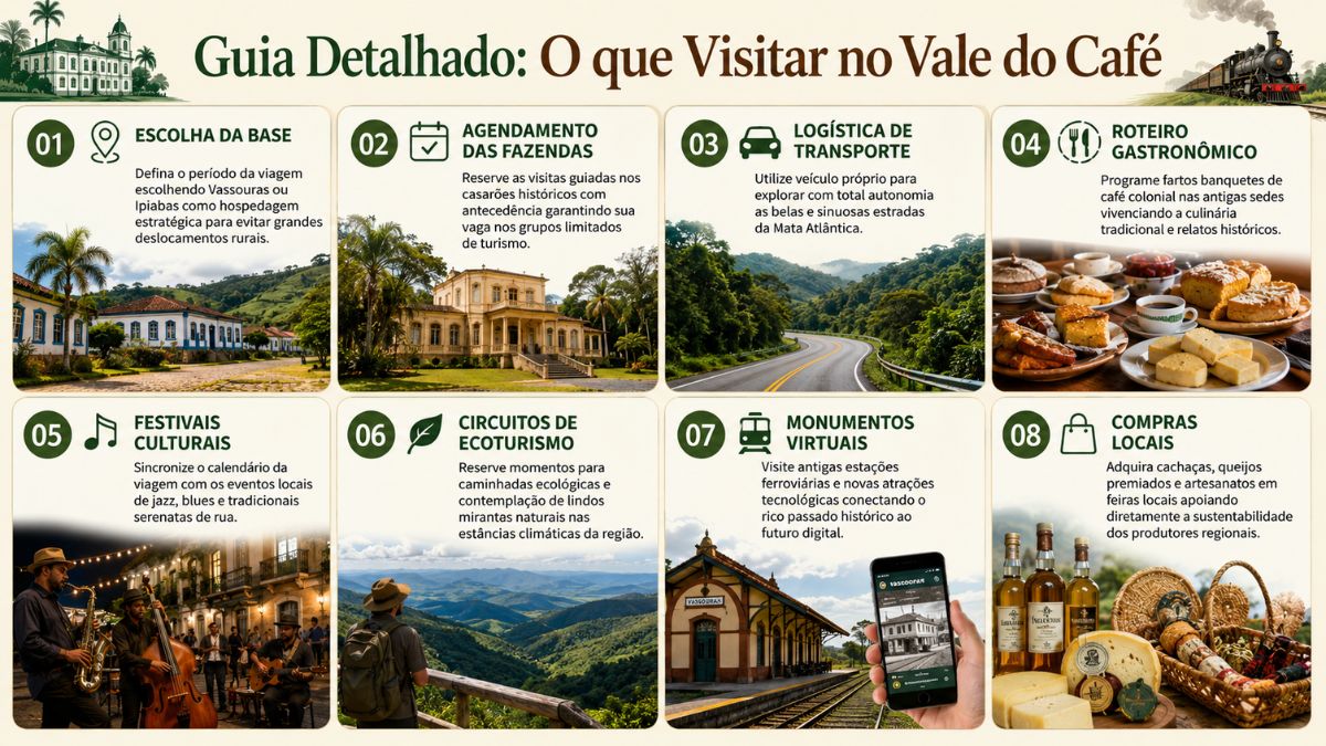 Infográfico colorido com fundo bege dividido em oito blocos numerados contendo dicas de turismo com fotos e textos explicativos sobre a região.