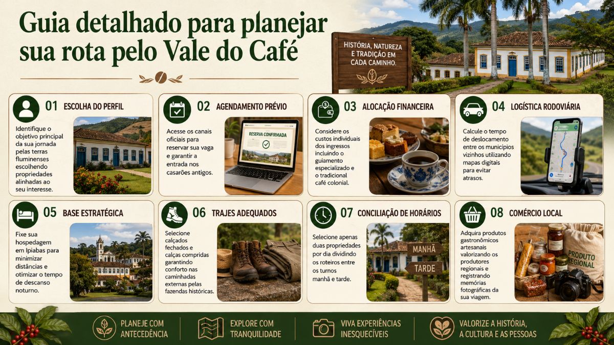 Infográfico com fundo claro apresentando oito passos ilustrados para planejar uma viagem pelas fazendas históricas da região do Vale do Café.