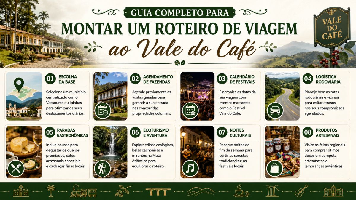 Infográfico horizontal com fundo bege intitulado Guia Completo para Montar um Roteiro de Viagem ao Vale do Café. O cabeçalho mostra um casarão colonial à esquerda e montanhas com um ramo de café à direita. Abaixo há oito blocos numerados de um a oito com ícones verdes redondos e fotos pequenas ilustrativas sobre escolha da base, agendamento de fazendas, calendário de festivais, logística rodoviária, paradas gastronômicas, ecoturismo, noites culturais e produtos artesanais. O rodapé exibe pequenos ícones amarelos alinhados de igrejas, trens, pontes, xícaras e cachoeiras.