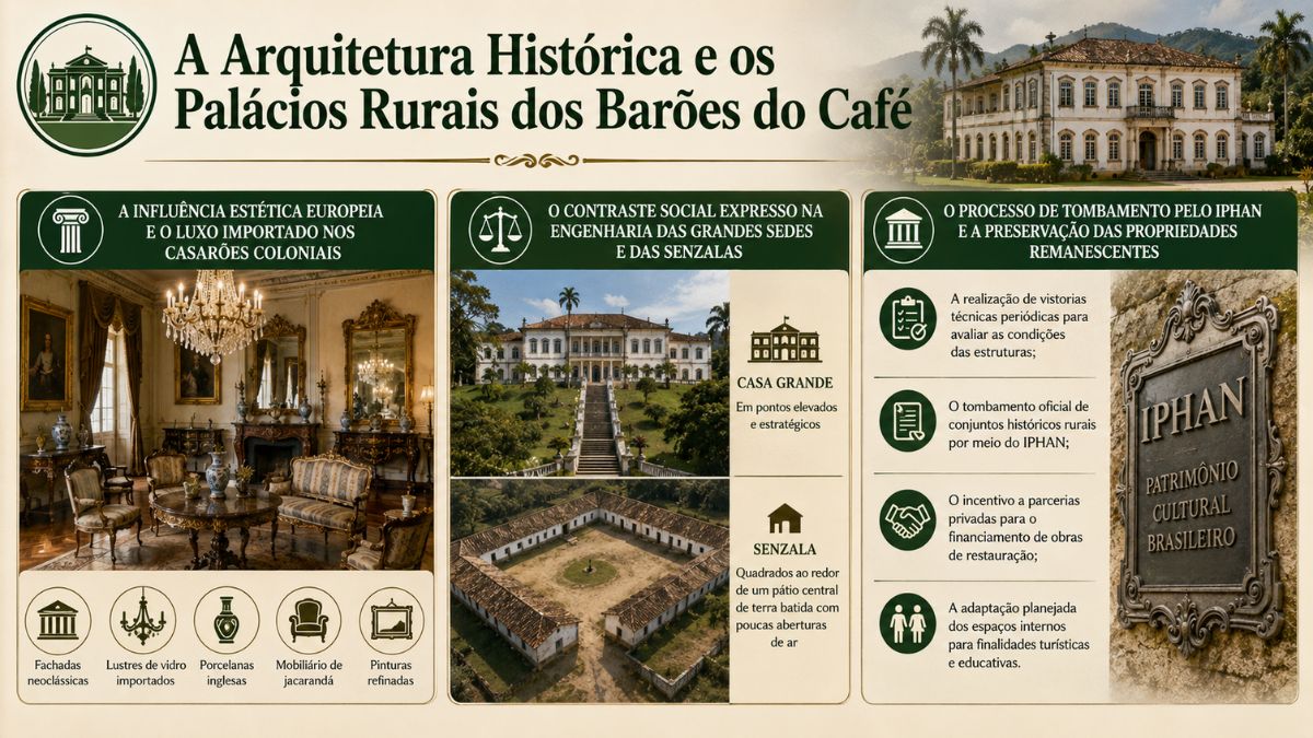 Infográfico sobre a arquitetura histórica e palácios rurais do Vale do Café, ilustrando luxo europeu nos casarões, contraste social entre casa grande e senzala e diretrizes do IPHAN.
