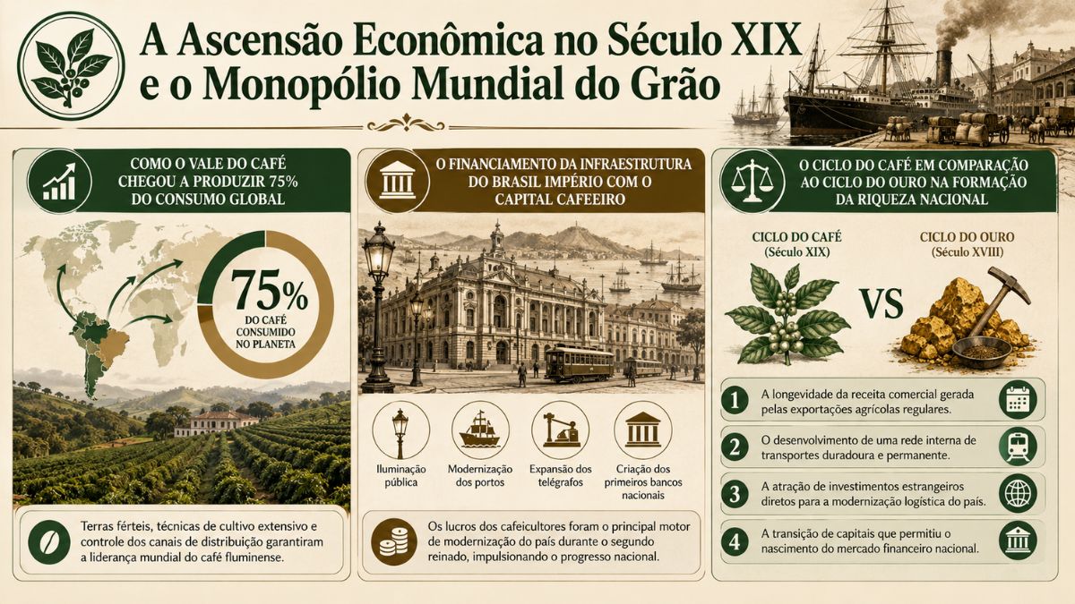 Infográfico histórico sobre a ascensão econômica do Vale do Café no século XIX, destacando a produção de setenta e cinco por cento do café mundial, investimentos na infraestrutura do Brasil Império e comparação com o ciclo do ouro.