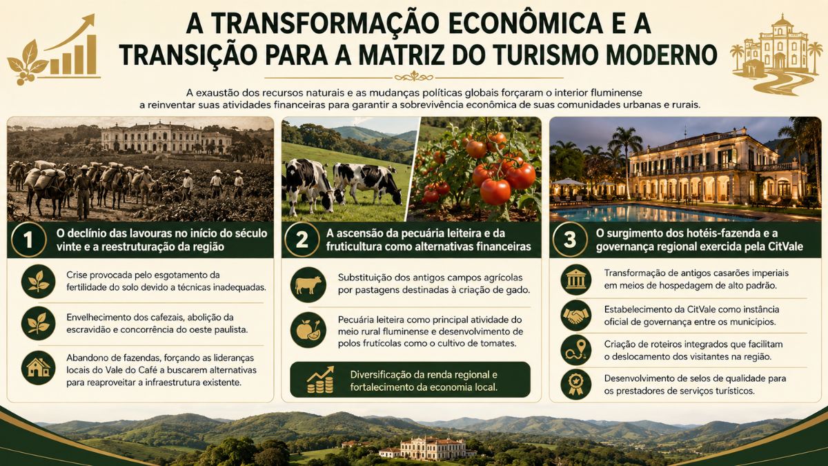 Infográfico ilustrando a transição econômica do Vale do Café, do declínio agrícola no século vinte até a pecuária leiteira, fruticultura e o surgimento dos hotéis fazenda.