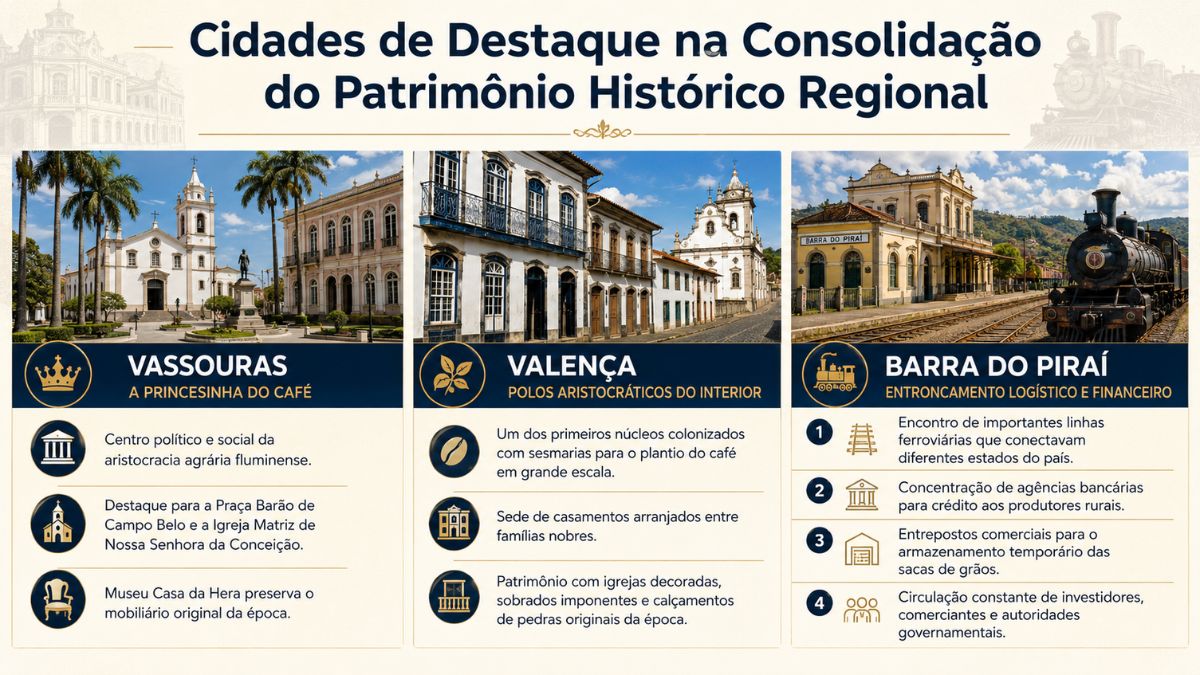 Infográfico com cidades de destaque no Vale do Café mostrando Vassouras, Valença e Barra do Piraí com praças históricas, casarões imperiais e estação ferroviária.