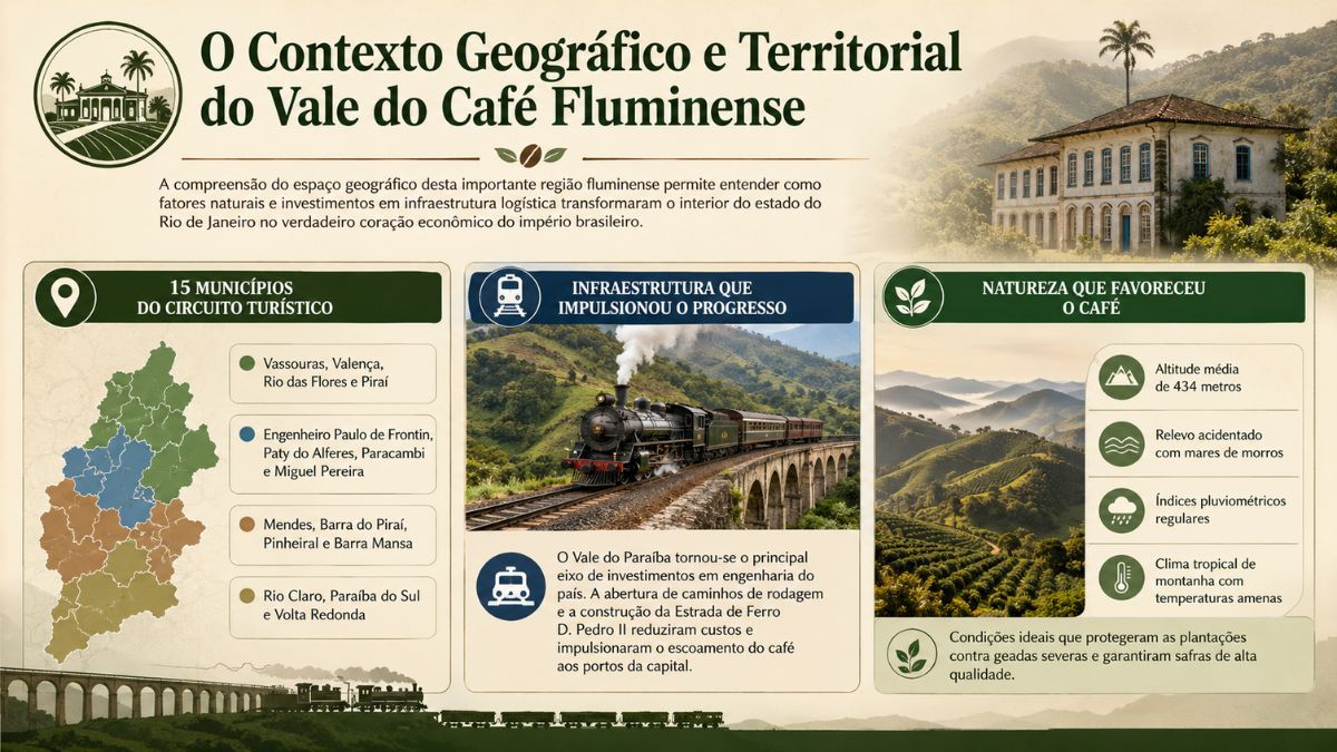 Infográfico educativo detalhando o contexto geográfico do Vale do Café no Rio de Janeiro, com mapa dos quinze municípios, Maria Fumaça sobre viaduto ferroviário e paisagem montanhosa com cafezais.