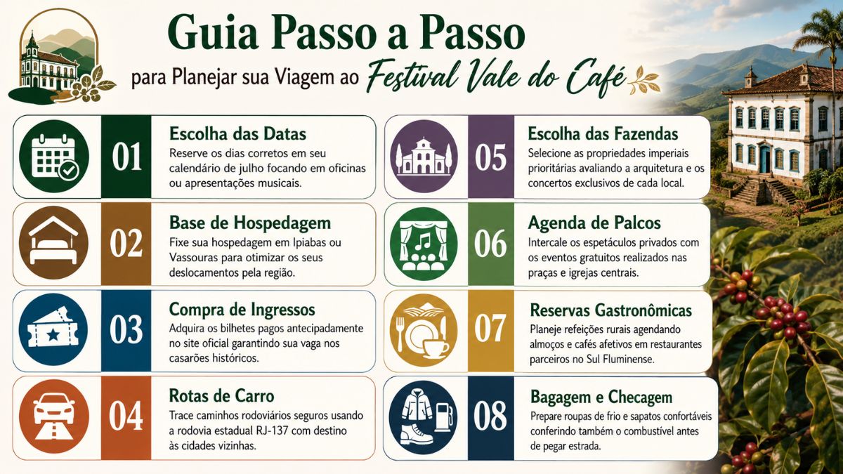 Infográfico horizontal colorido contendo oito cartões retangulares numerados e organizados em duas colunas centrais. Cada cartão apresenta um ícone ilustrativo acompanhado por um título em negrito e um pequeno bloco de texto explicativo sobre as etapas de planejamento de viagem. Ao fundo no lado direito avista-se um casarão colonial cercado por montanhas e ramos de café com frutos vermelhos em primeiro plano.