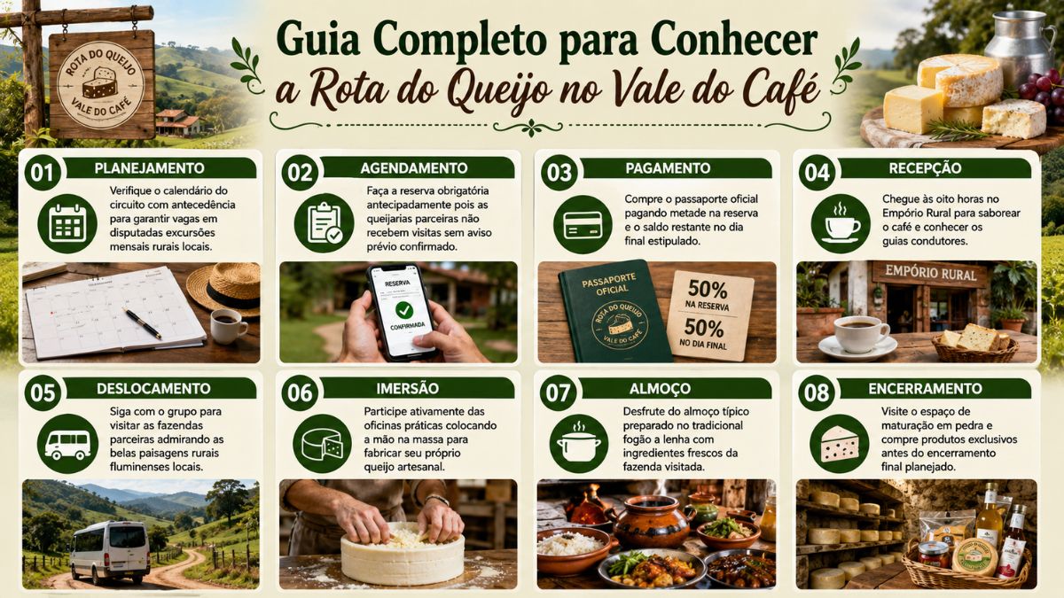 Infográfico em tons de verde e bege detalhando um guia completo com oito etapas numeradas acompanhadas de textos explicativos e fotografias ilustrativas de cada atividade rural.