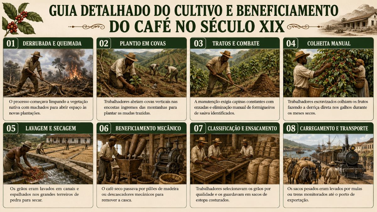 Infográfico composto por oito quadros ilustrados que detalham cronologicamente as etapas de produção do café desde a derrubada da mata até o transporte final.