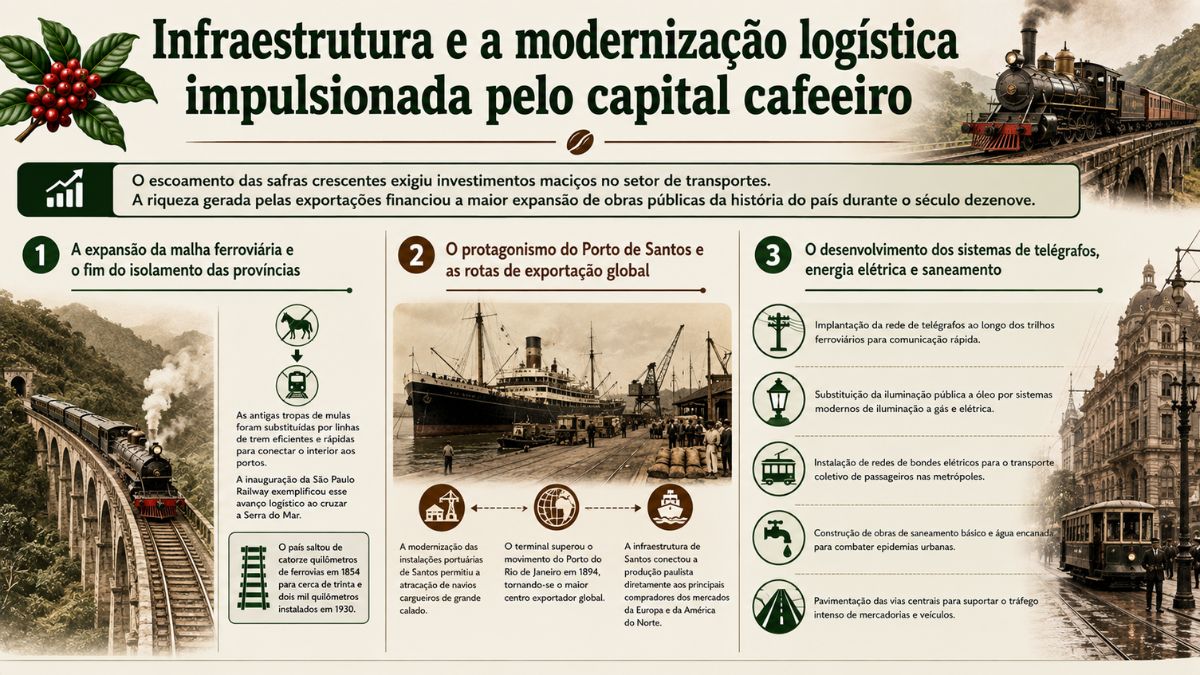 Infográfico sobre infraestrutura e a modernização logística impulsionada pelo capital cafeeiro no Brasil, destacando a expansão da malha ferroviária, o protagonismo do Porto de Santos e os avanços nos sistemas urbanos.