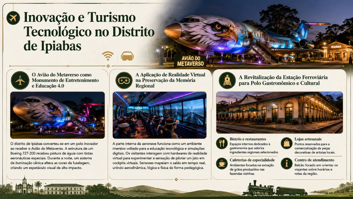 Infográfico sobre inovação e turismo tecnológico no distrito de Ipiabas destacando o Avião do Metaverso como monumento de entretenimento a aplicação de realidade virtual na educação quatro ponto zero e a revitalização da Estação Ferroviária para polo gastronômico e cultural.