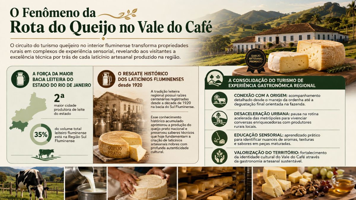Infográfico ilustrativo sobre o fenômeno da Rota do Queijo no Vale do Café mostrando dados da bacia leiteira do Rio de Janeiro, resgate histórico dos laticínios desde 1920, queijo prato artesanal, fazenda colonial e peças de queijos premiados com acompanhamentos.