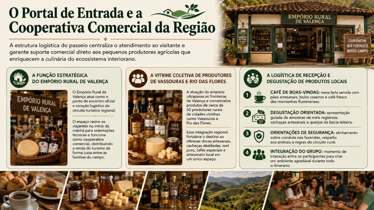 Infográfico do Empório Rural de Valença destacando o portal de entrada e cooperativa comercial da Rota do Queijo no Vale do Café com fotos de produtos artesanais, fachadas rusticas e turistas.