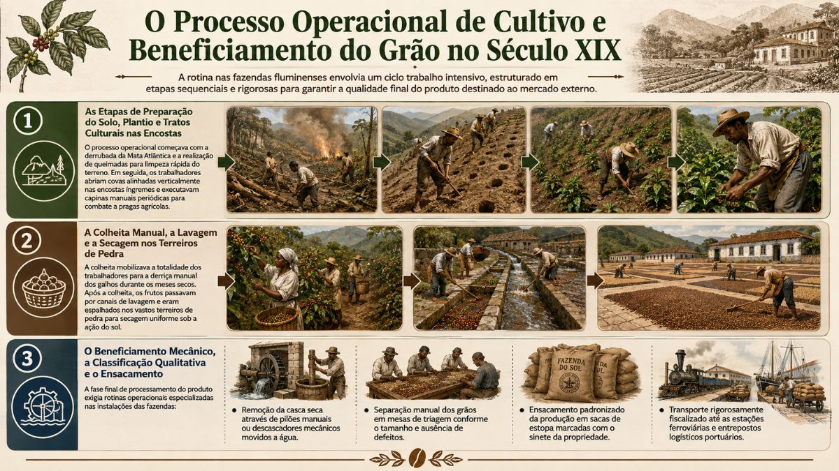 Infográfico sobre a história do ciclo do café no Rio de Janeiro mostrando as etapas operacionais de preparo do solo, colheita manual, secagem em terreiros e beneficiamento.