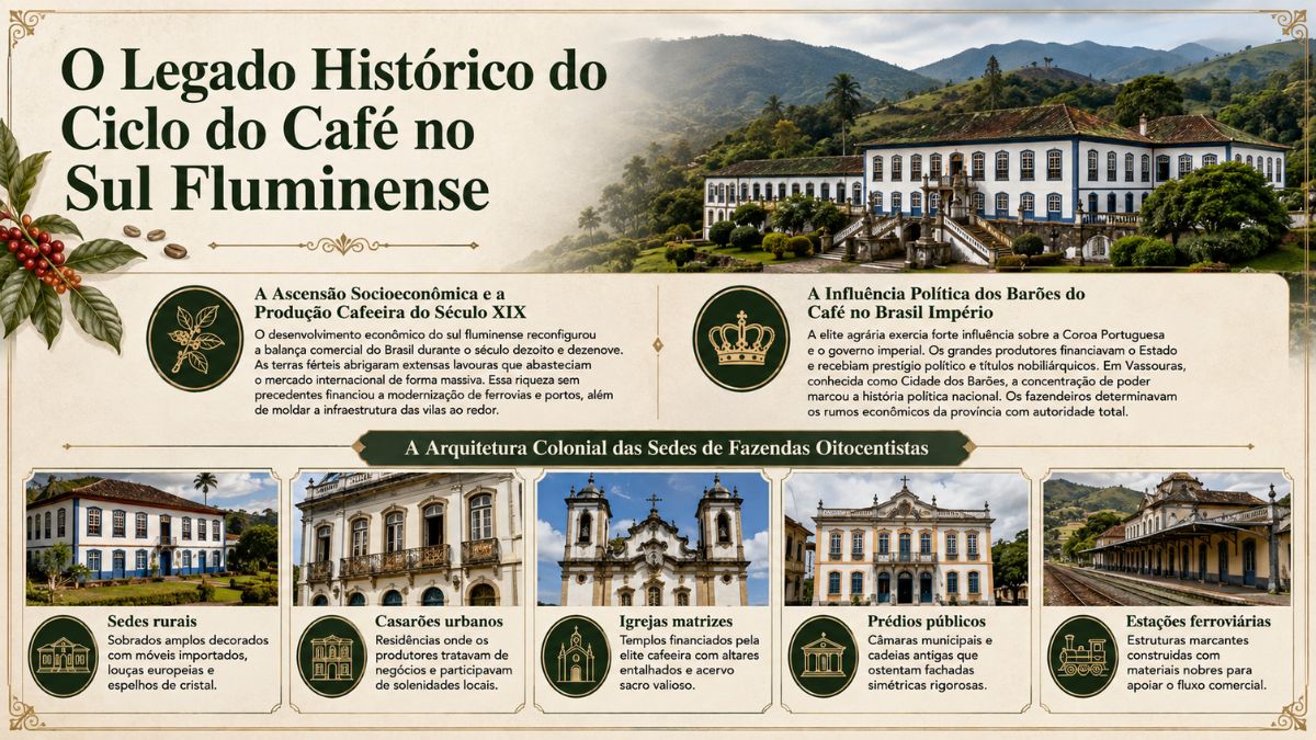 Infográfico sobre o legado histórico do Ciclo do Café no Sul Fluminense destacando a ascensão socioeconômica do século dezenove a influência política dos Barões do Café e a arquitetura colonial oitocentista com sedes rurais casarões urbanos igrejas matrizes prédios públicos e estações ferroviárias.