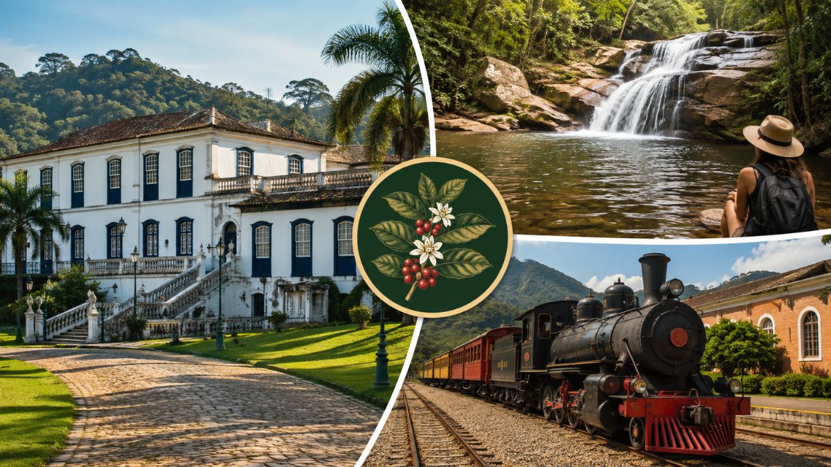 Colagem com fazenda histórica colonial do século dezenove com fachada branca, cachoeira cercada por Mata Atlântica com turista contemplando a natureza, maria fumaça sobre trilhos de trem e ilustração central de ramo de café com frutos e flores.