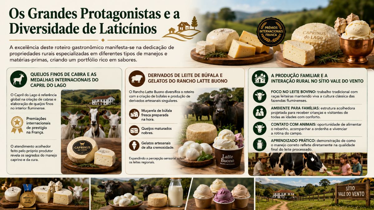 Infográfico sobre a diversidade de laticínios da Rota do Queijo no Vale do Café com destaque para o Capril do Lago, Rancho Latte Buono e Sítio Vale do Vento.