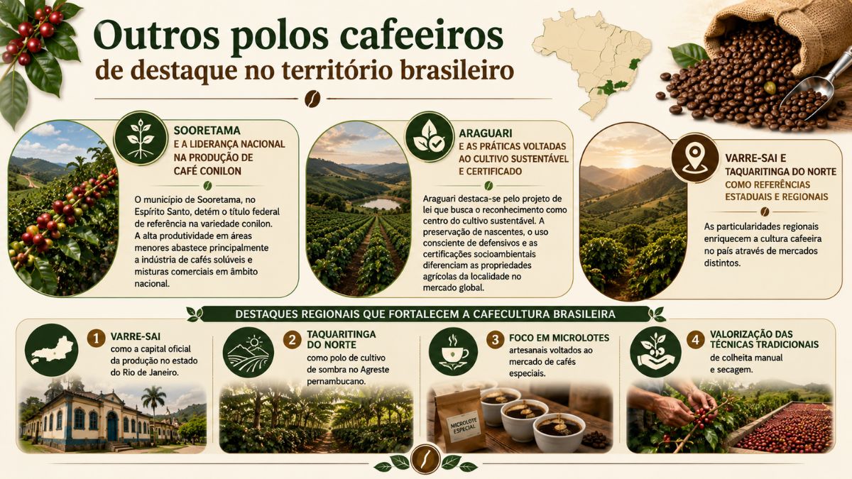 Infográfico sobre outros polos cafeeiros de destaque no território brasileiro, apresentando Sooretama no Espírito Santo como liderança em café conilon, Araguari em Minas Gerais com cultivo sustentável certificado, Varre-Sai e Taquaritinga do Norte com café de sombra e microlotes artesanais.