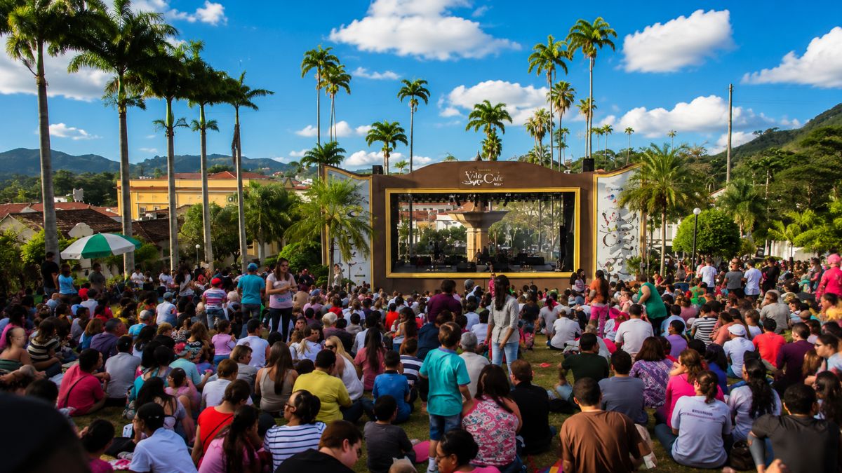 Fotografia horizontal mostrando uma grande plateia sentada no gramado da praça pública em Vassouras, assistindo a uma apresentação musical no palco estruturado ao ar livre. O palco possui uma moldura dourada e a inscrição oficial do evento no topo, cercado por altas palmeiras imperiais sob um céu azul com nuvens brancas.