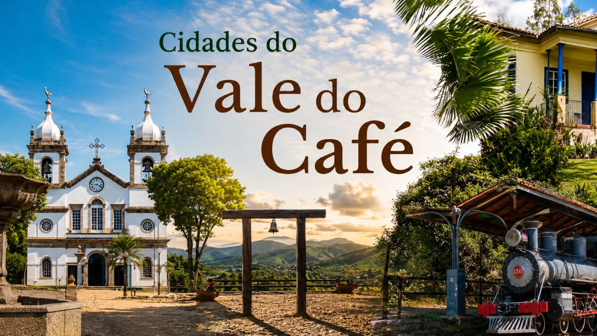 Fotografia de uma praça histórica colonial com uma igreja branca de duas torres à esquerda, uma antiga locomotiva a vapor preta à direita, um sino de bronze centralizado em uma estrutura de madeira e montanhas ao fundo sob céu azul ensolarado com nuvens. Há o texto "Cidades do Vale do Café" escrito de forma centralizada na parte superior.