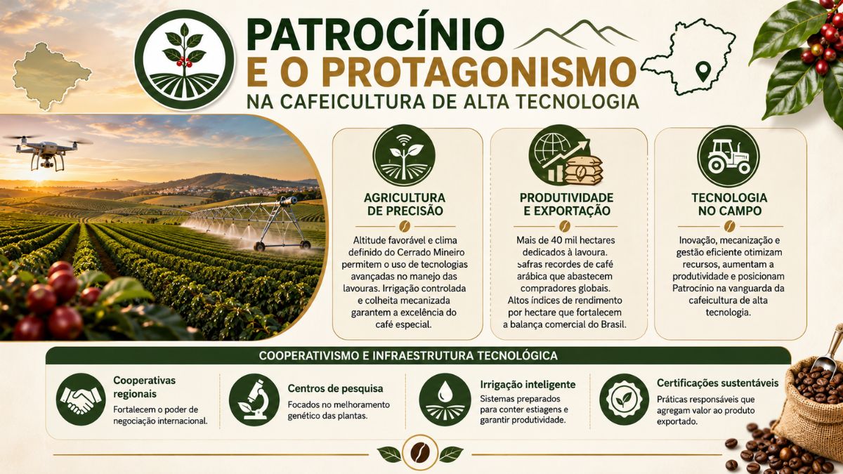 Infográfico sobre Patrocínio e o protagonismo na cafeicultura de alta tecnologia, apresentando dados sobre agricultura de precisão no Cerrado Mineiro, volume de produtividade e exportação em mais de 40 mil hectares, inovação no campo e estrutura de cooperativismo com irrigação inteligente.