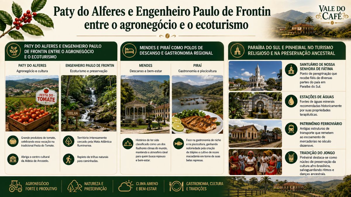 Infográfico mostrando a vocação econômica, ecoturismo, gastronomia e turismo religioso nos municípios integrados do Vale do Café no Rio de Janeiro.